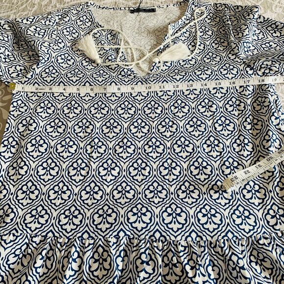 Noracora Dress Women S White Blue Damask Maxi Tier Cotton Linen Cottage Boho NWT - Picture 6 of 12